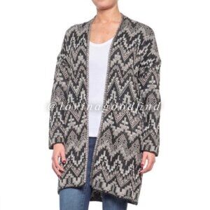 LUCKY BRAND Grey Black Chevron Long Sleeve Wool Aztec Long Line Cardigan EUC szM